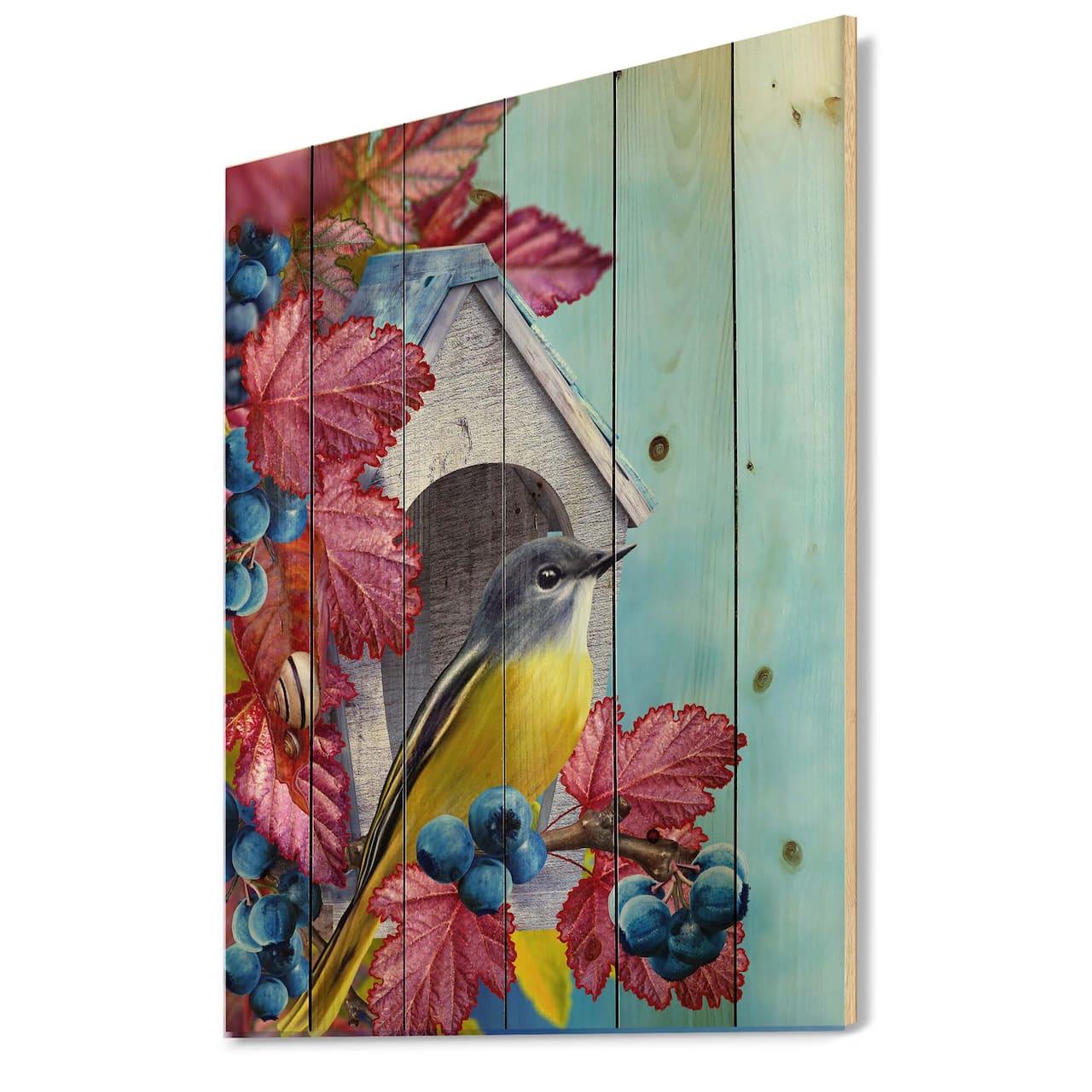 Designart - Titmouse Bird Sitting On A Branch Near A Birdhouse - Traditional Print on Natural Pine Wood